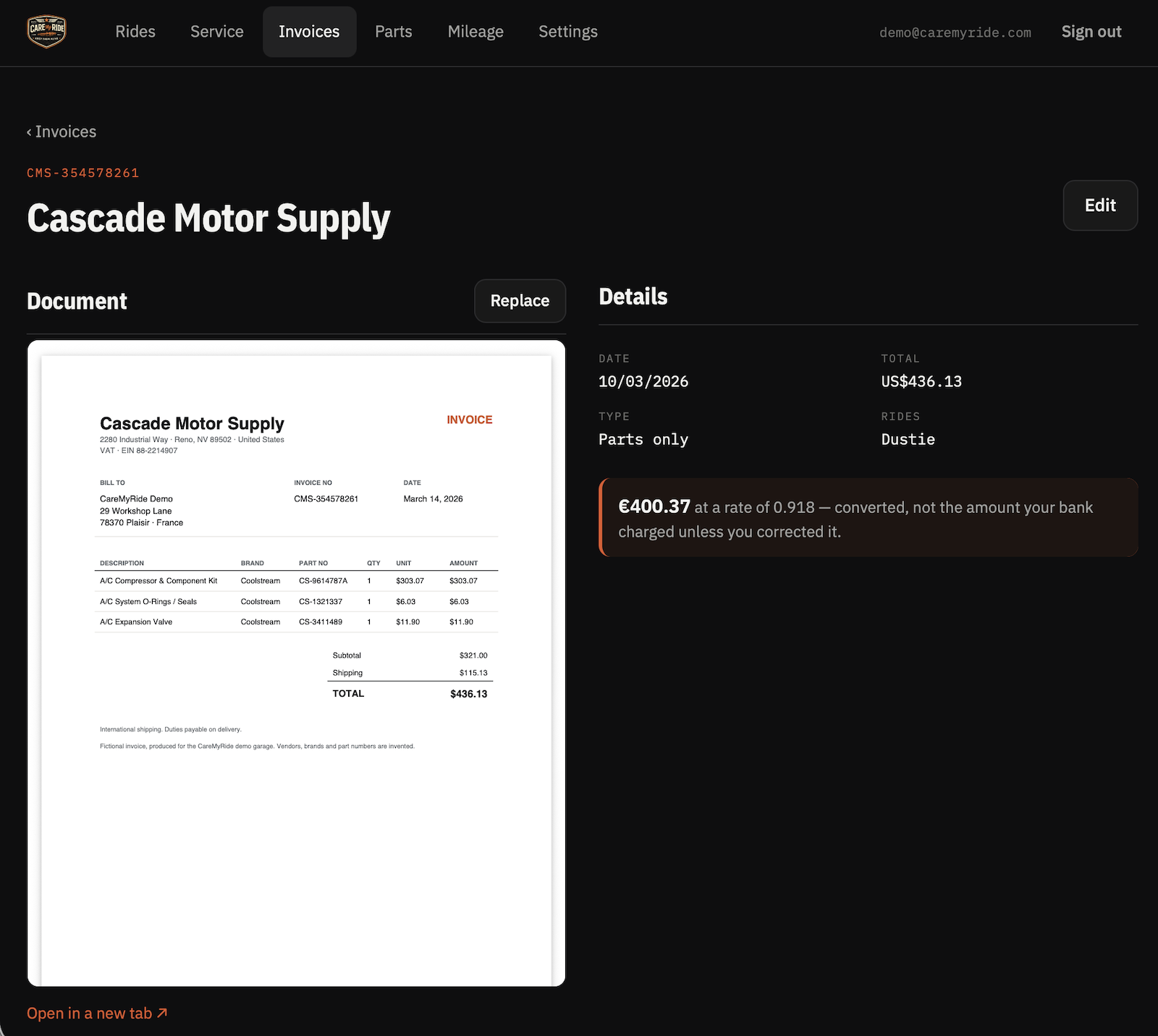 An invoice with its scanned lines